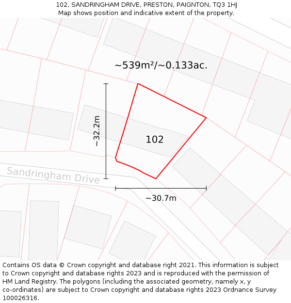 102, SANDRINGHAM DRIVE, PRESTON, PAIGNTON, TQ3 1HJ: Plot and title map