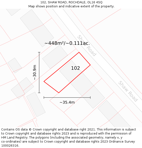 102, SHAW ROAD, ROCHDALE, OL16 4SQ: Plot and title map