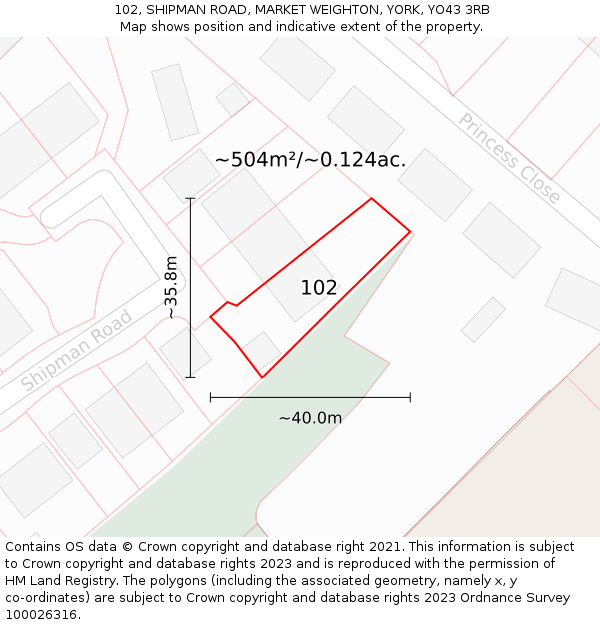 102, SHIPMAN ROAD, MARKET WEIGHTON, YORK, YO43 3RB: Plot and title map