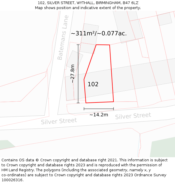 102, SILVER STREET, WYTHALL, BIRMINGHAM, B47 6LZ: Plot and title map