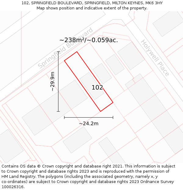 102, SPRINGFIELD BOULEVARD, SPRINGFIELD, MILTON KEYNES, MK6 3HY: Plot and title map