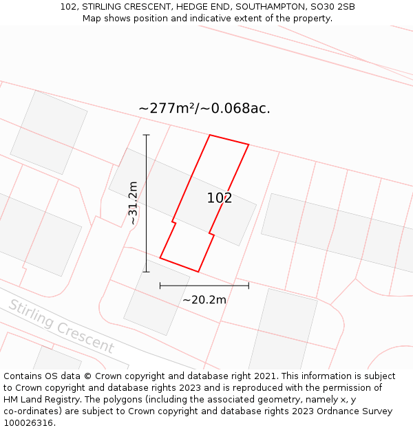 102, STIRLING CRESCENT, HEDGE END, SOUTHAMPTON, SO30 2SB: Plot and title map