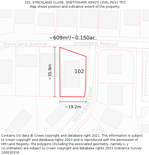 102, STRICKLAND CLOSE, SNETTISHAM, KING'S LYNN, PE31 7PZ: Plot and title map