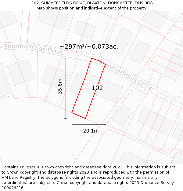 102, SUMMERFIELDS DRIVE, BLAXTON, DONCASTER, DN9 3BG: Plot and title map