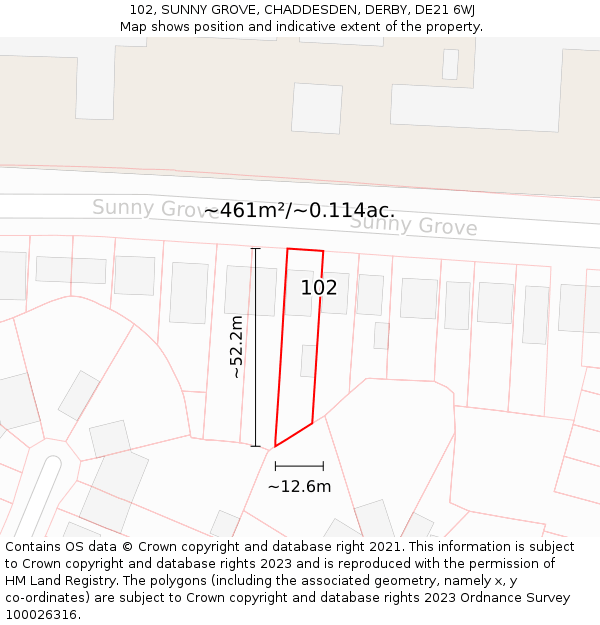 102, SUNNY GROVE, CHADDESDEN, DERBY, DE21 6WJ: Plot and title map