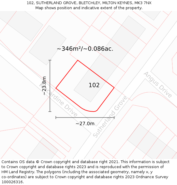 102, SUTHERLAND GROVE, BLETCHLEY, MILTON KEYNES, MK3 7NX: Plot and title map