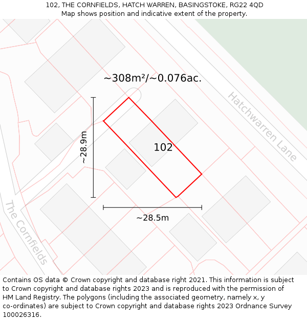 102, THE CORNFIELDS, HATCH WARREN, BASINGSTOKE, RG22 4QD: Plot and title map