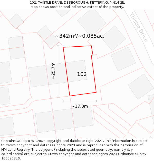 102, THISTLE DRIVE, DESBOROUGH, KETTERING, NN14 2JL: Plot and title map