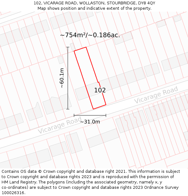 102, VICARAGE ROAD, WOLLASTON, STOURBRIDGE, DY8 4QY: Plot and title map
