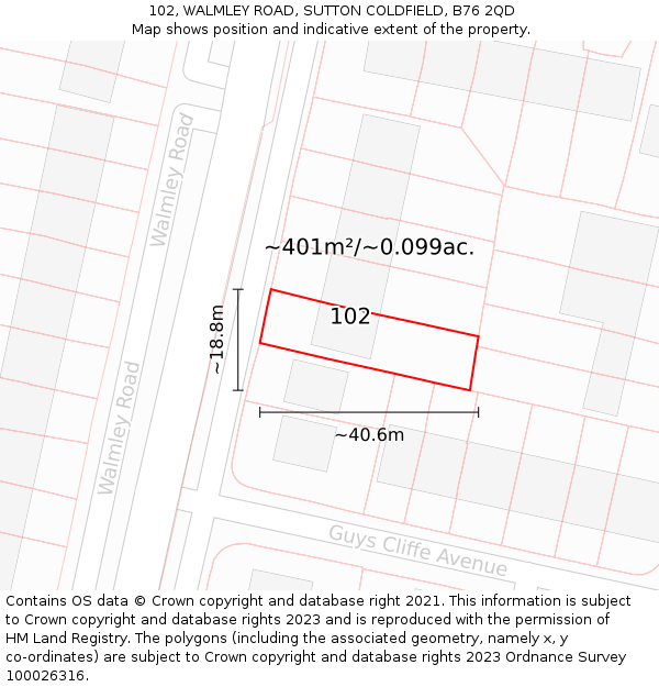 102, WALMLEY ROAD, SUTTON COLDFIELD, B76 2QD: Plot and title map