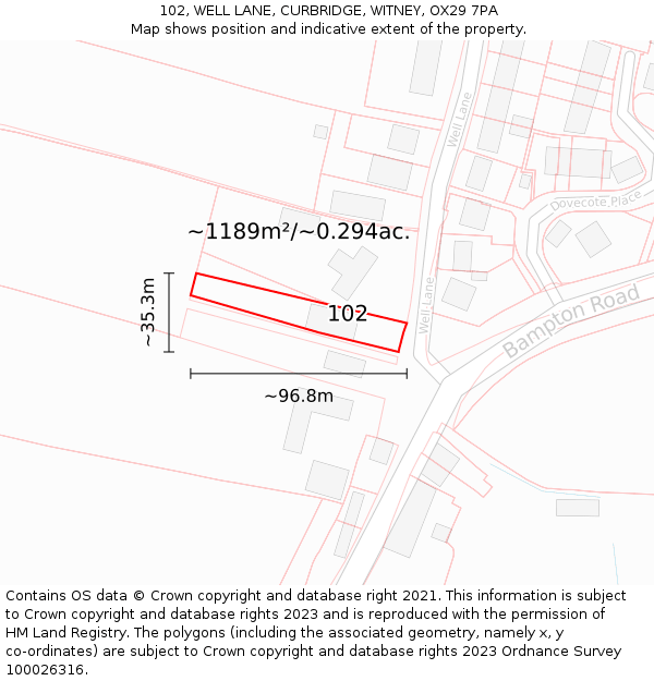 102, WELL LANE, CURBRIDGE, WITNEY, OX29 7PA: Plot and title map