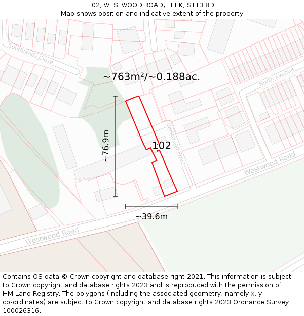 102, WESTWOOD ROAD, LEEK, ST13 8DL: Plot and title map