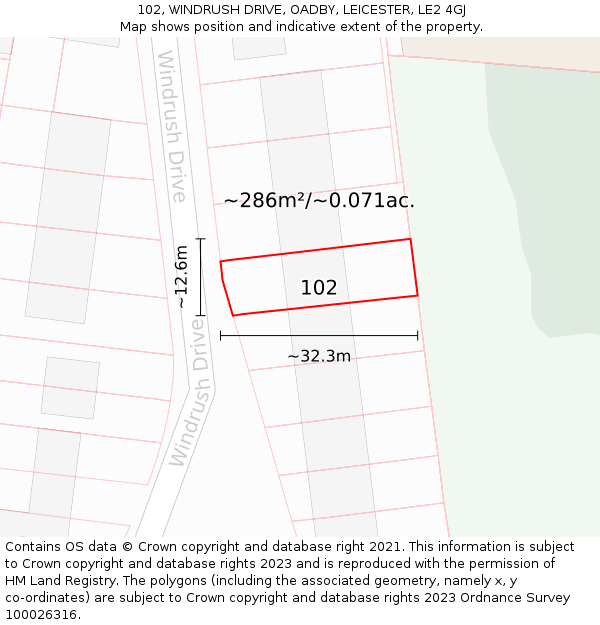 102, WINDRUSH DRIVE, OADBY, LEICESTER, LE2 4GJ: Plot and title map