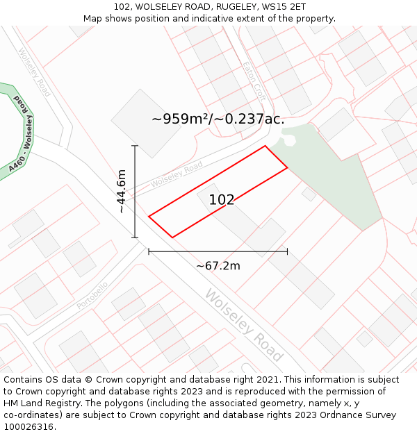 102, WOLSELEY ROAD, RUGELEY, WS15 2ET: Plot and title map