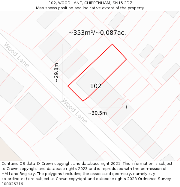 102, WOOD LANE, CHIPPENHAM, SN15 3DZ: Plot and title map
