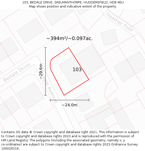 103, BEDALE DRIVE, SKELMANTHORPE, HUDDERSFIELD, HD8 9EU: Plot and title map