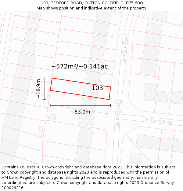 103, BEDFORD ROAD, SUTTON COLDFIELD, B75 6BQ: Plot and title map
