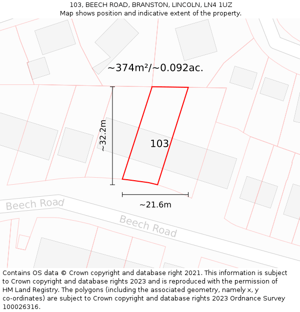 103, BEECH ROAD, BRANSTON, LINCOLN, LN4 1UZ: Plot and title map