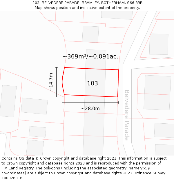 103, BELVEDERE PARADE, BRAMLEY, ROTHERHAM, S66 3RR: Plot and title map