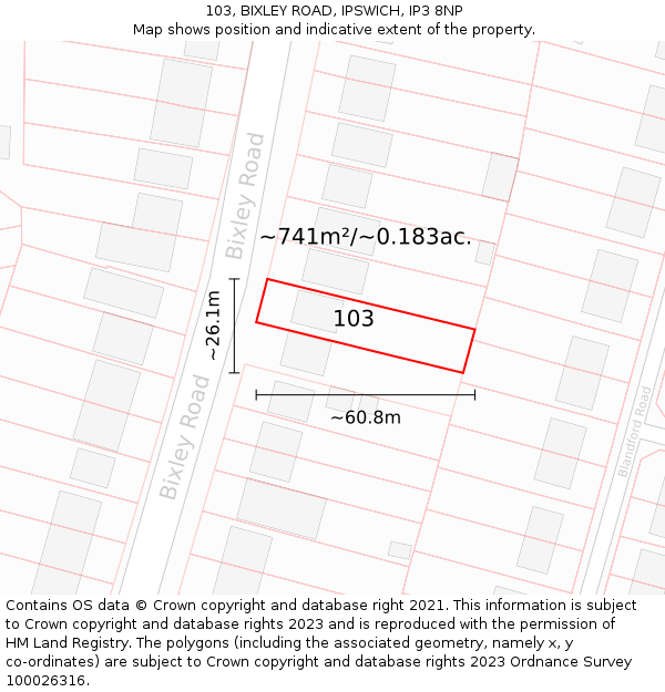 103, BIXLEY ROAD, IPSWICH, IP3 8NP: Plot and title map