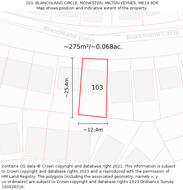 103, BLANCHLAND CIRCLE, MONKSTON, MILTON KEYNES, MK10 9DR: Plot and title map