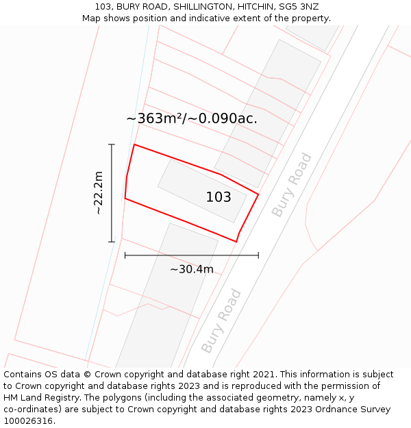 103, BURY ROAD, SHILLINGTON, HITCHIN, SG5 3NZ: Plot and title map
