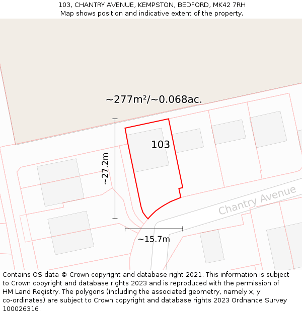 103, CHANTRY AVENUE, KEMPSTON, BEDFORD, MK42 7RH: Plot and title map