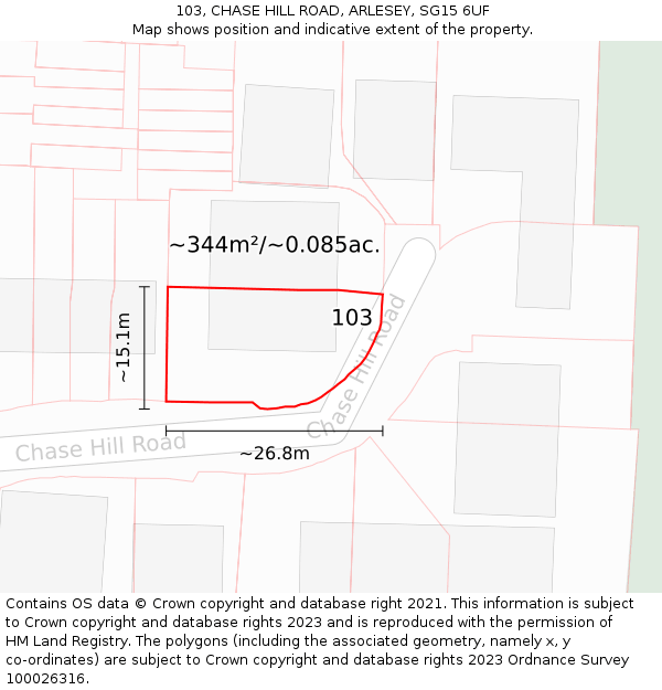 103, CHASE HILL ROAD, ARLESEY, SG15 6UF: Plot and title map