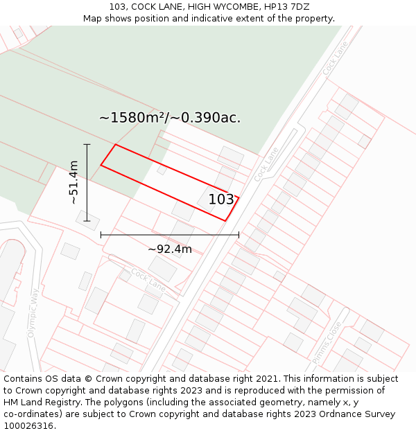 103, COCK LANE, HIGH WYCOMBE, HP13 7DZ: Plot and title map