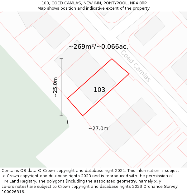 103, COED CAMLAS, NEW INN, PONTYPOOL, NP4 8RP: Plot and title map