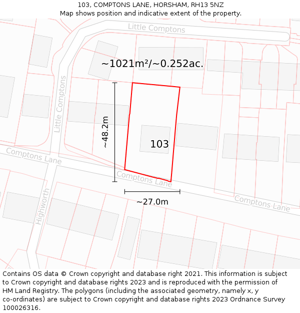 103, COMPTONS LANE, HORSHAM, RH13 5NZ: Plot and title map
