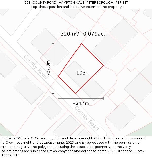 103, COUNTY ROAD, HAMPTON VALE, PETERBOROUGH, PE7 8ET: Plot and title map