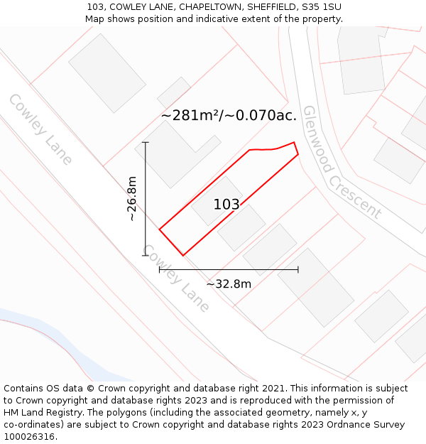 103, COWLEY LANE, CHAPELTOWN, SHEFFIELD, S35 1SU: Plot and title map