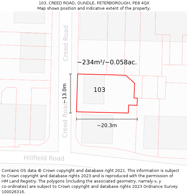 103, CREED ROAD, OUNDLE, PETERBOROUGH, PE8 4QX: Plot and title map