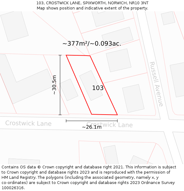 103, CROSTWICK LANE, SPIXWORTH, NORWICH, NR10 3NT: Plot and title map