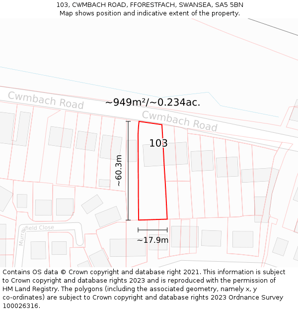 103, CWMBACH ROAD, FFORESTFACH, SWANSEA, SA5 5BN: Plot and title map