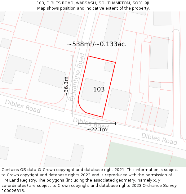 103, DIBLES ROAD, WARSASH, SOUTHAMPTON, SO31 9JL: Plot and title map