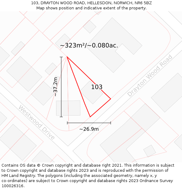 103, DRAYTON WOOD ROAD, HELLESDON, NORWICH, NR6 5BZ: Plot and title map