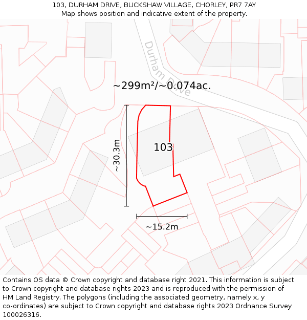 103, DURHAM DRIVE, BUCKSHAW VILLAGE, CHORLEY, PR7 7AY: Plot and title map