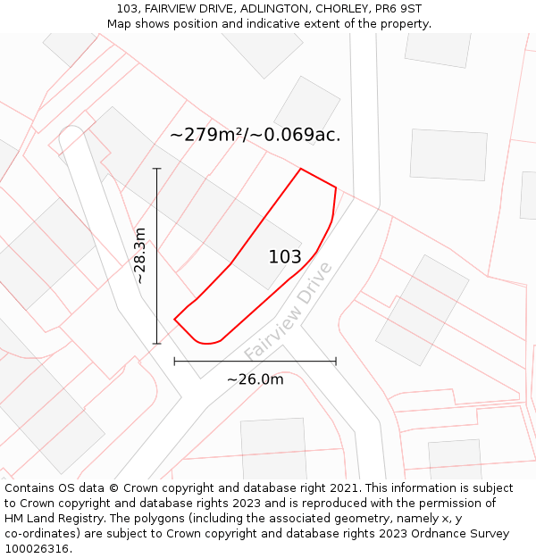 103, FAIRVIEW DRIVE, ADLINGTON, CHORLEY, PR6 9ST: Plot and title map