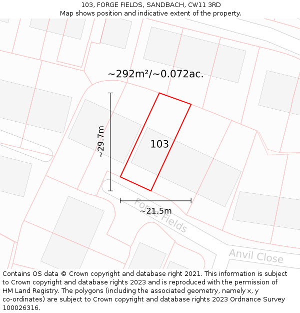 103, FORGE FIELDS, SANDBACH, CW11 3RD: Plot and title map