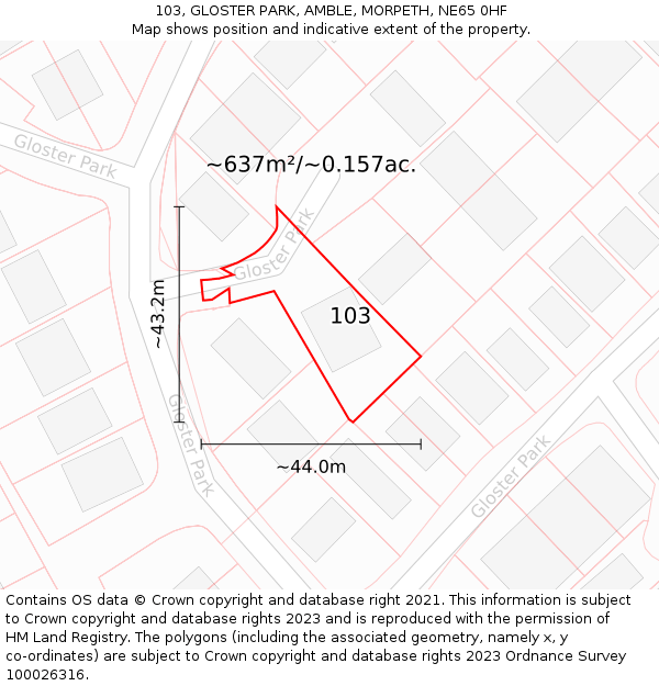 103, GLOSTER PARK, AMBLE, MORPETH, NE65 0HF: Plot and title map