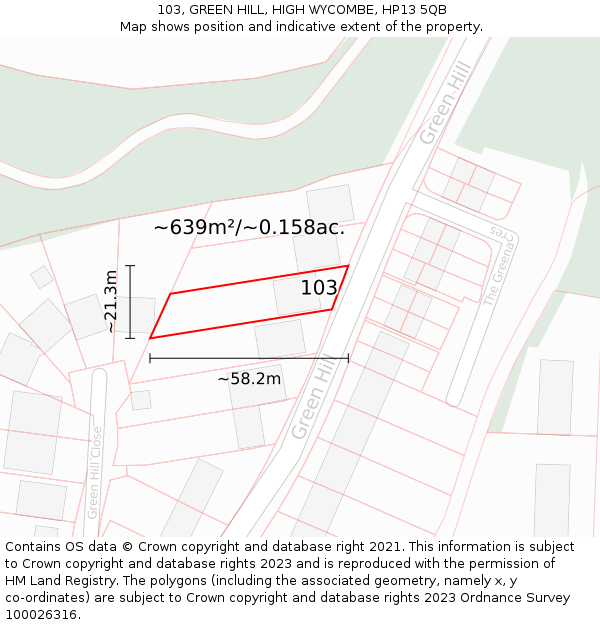 103, GREEN HILL, HIGH WYCOMBE, HP13 5QB: Plot and title map