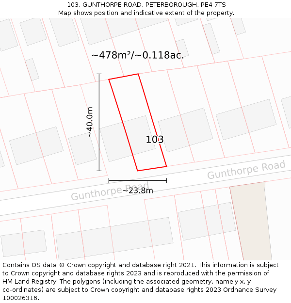 103, GUNTHORPE ROAD, PETERBOROUGH, PE4 7TS: Plot and title map