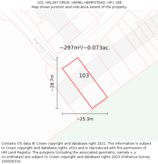 103, HALSEY DRIVE, HEMEL HEMPSTEAD, HP1 3SE: Plot and title map