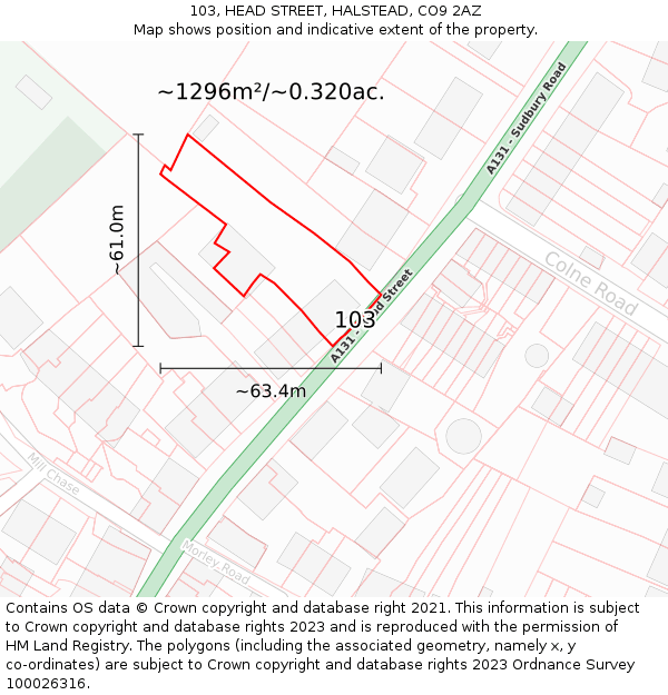 103, HEAD STREET, HALSTEAD, CO9 2AZ: Plot and title map