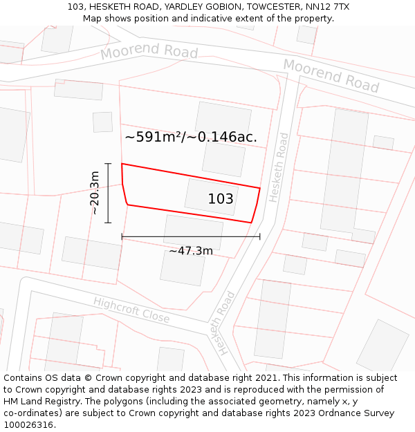 103, HESKETH ROAD, YARDLEY GOBION, TOWCESTER, NN12 7TX: Plot and title map