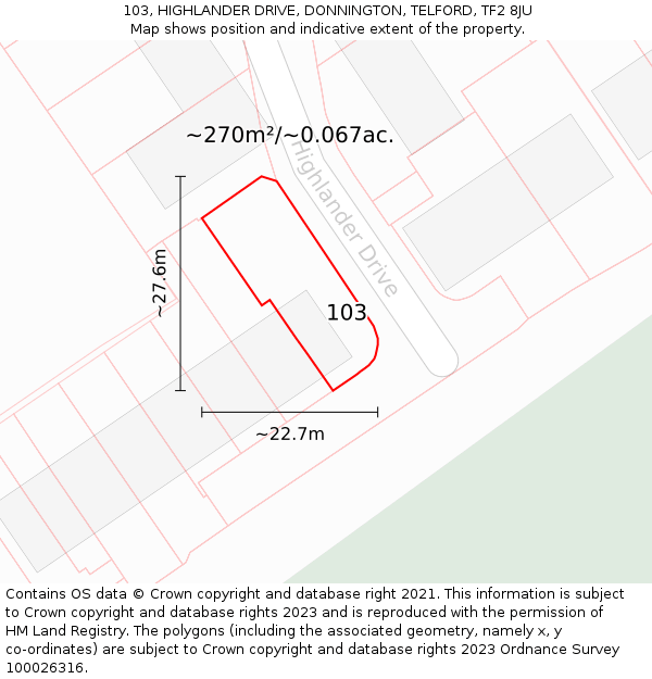 103, HIGHLANDER DRIVE, DONNINGTON, TELFORD, TF2 8JU: Plot and title map