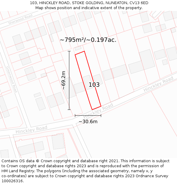 103, HINCKLEY ROAD, STOKE GOLDING, NUNEATON, CV13 6ED: Plot and title map