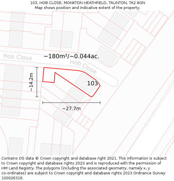 103, HOB CLOSE, MONKTON HEATHFIELD, TAUNTON, TA2 8GN: Plot and title map